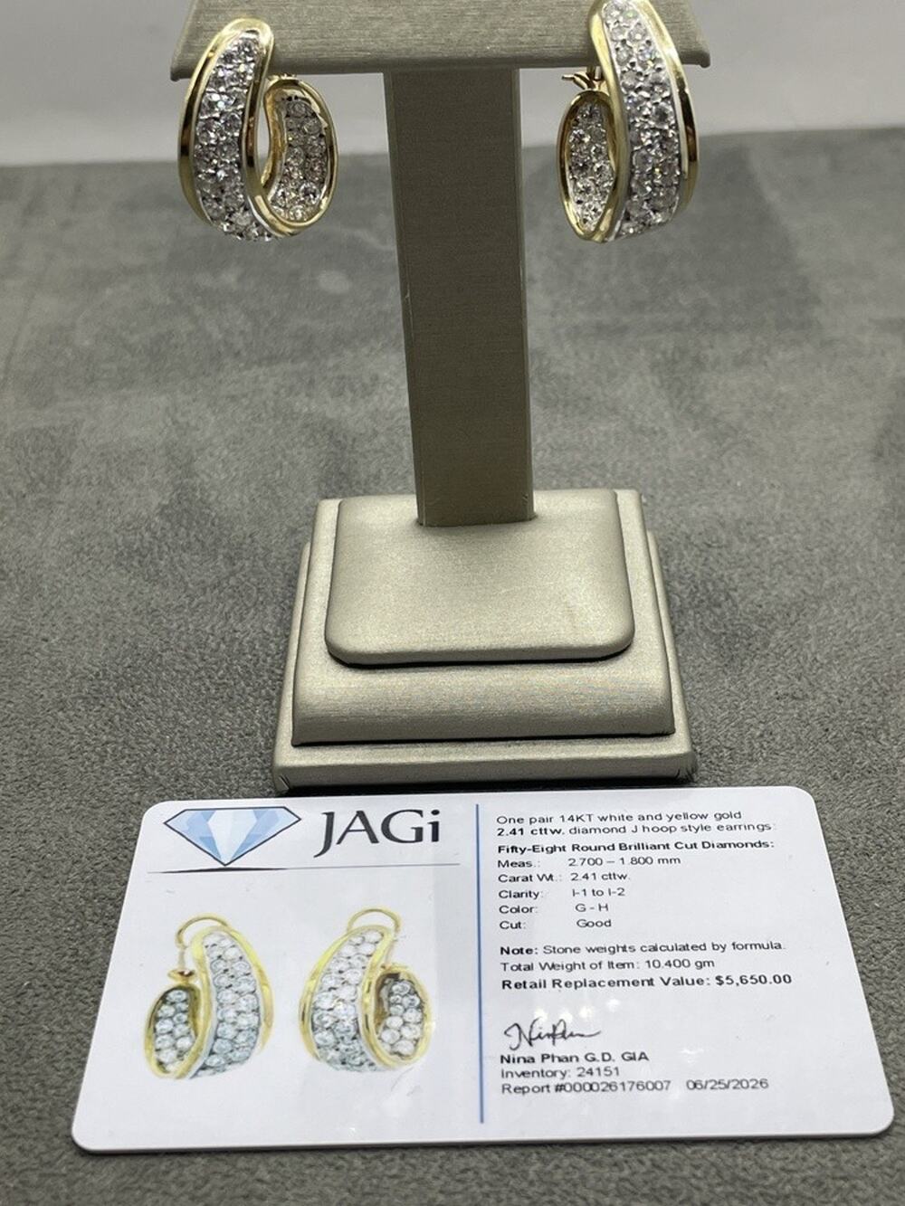14K White & Yellow Gold Diamond J Hoop Earrings (24151)